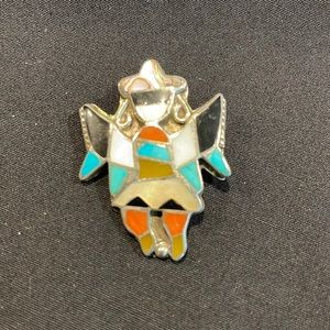 Vintage Zuni Kachina Dancer Pendant  Native American Sterling Silver Multi Gem